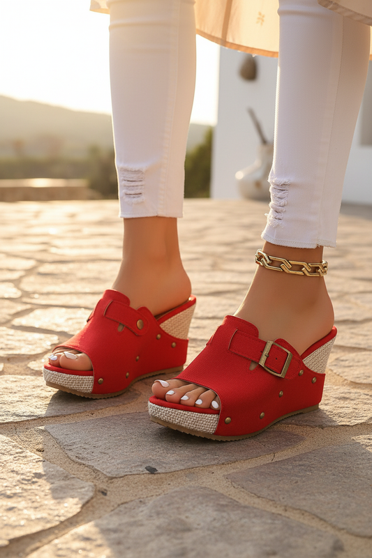Open Toe Wedge Sandals in Red