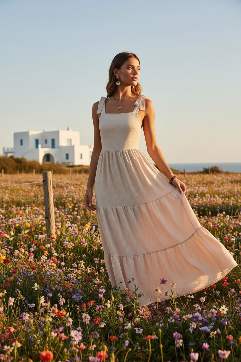 Perfee Tie Shoulder Smocked Tiered Dress