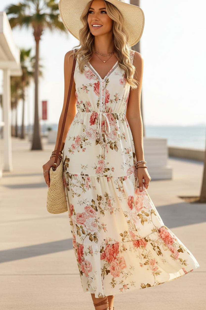 Printed Ruffled Hem V-Neck Sleeveless Dress
