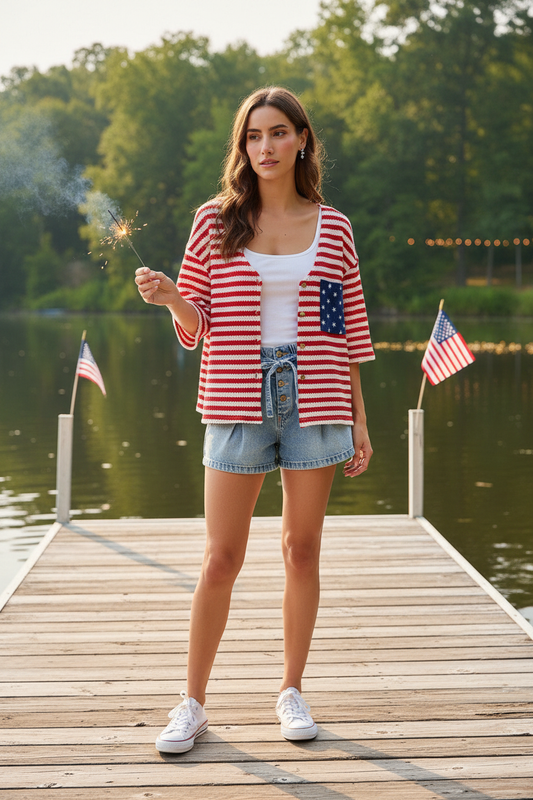 SO ME Stripe Waffle Knit Fourth Of July Cardigan Top